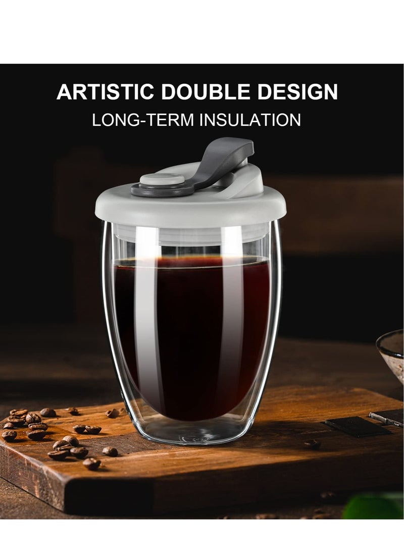 Y&D Double Wall Glass Coffee Mug with Silicone Lid 12oz Insulated Cup for Hot and Cold Drinks High Borosilicate Walled Travel Home Use Grey  - Image 2
