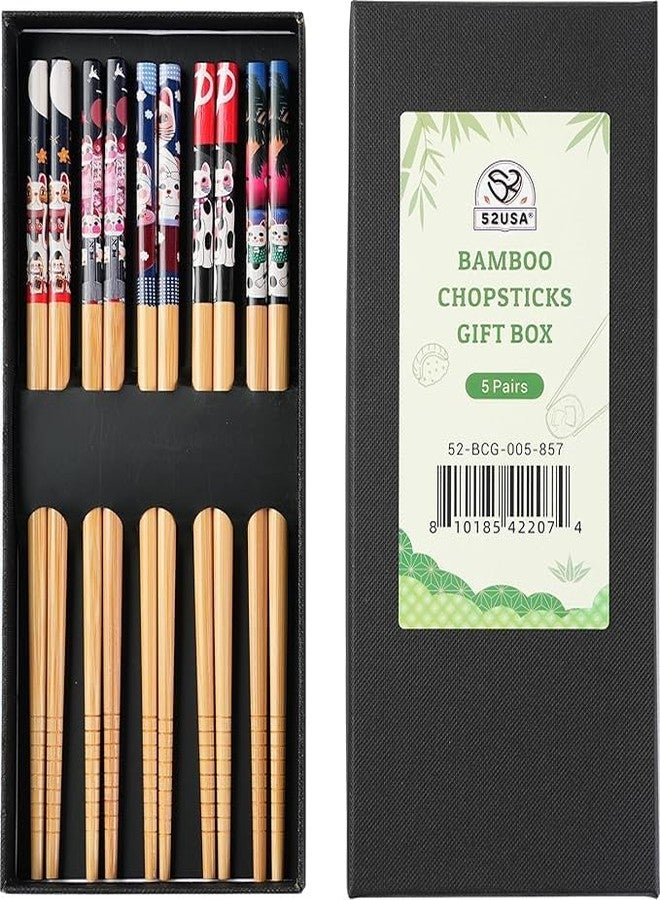 52USA Bamboo Chopsticks, Reusable with Case, Dishwasher Safe, 5 Pairs-Natural Wooden Chopsticks Gift Set for Sushi, Noodles, Ramen & Asian Cuisine, Classic Japanese Chop sticks Gift Box, 9 Inch/22.9cm - Image 1