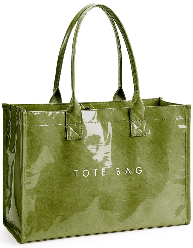 KALIDI FANCY FOREST KALIDI PVC Tote Bag Womenâ€™s Kraft Paper Work Handbags Purses with Top Handle,Grass Green - Image 1