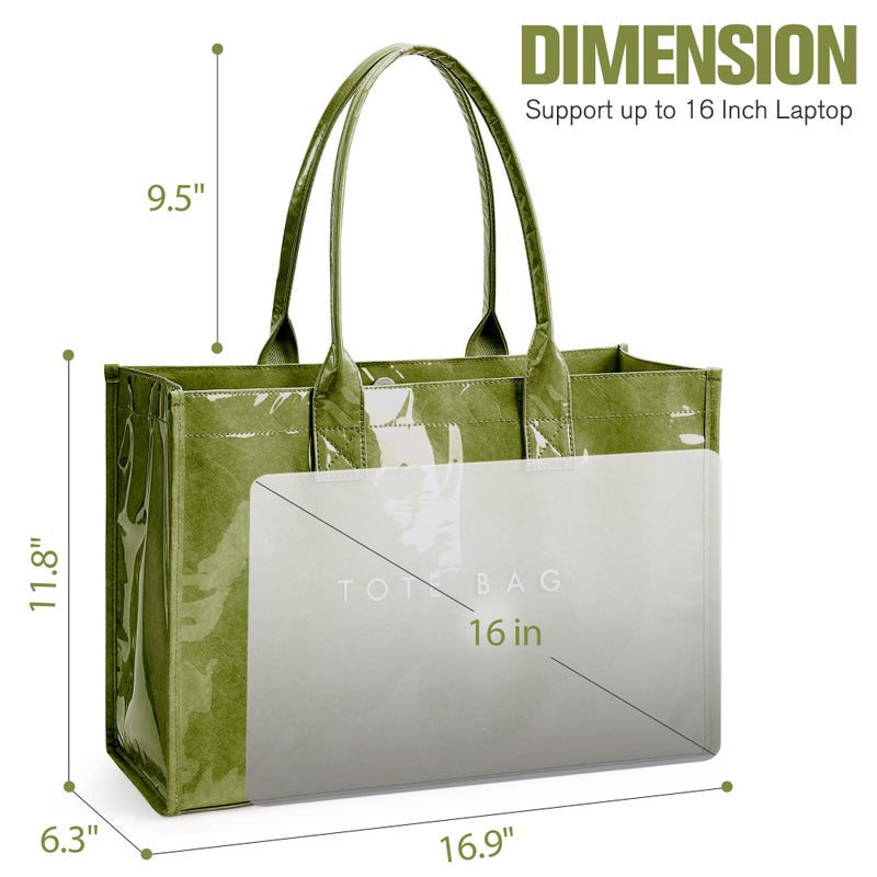 KALIDI FANCY FOREST KALIDI PVC Tote Bag Womenâ€™s Kraft Paper Work Handbags Purses with Top Handle,Grass Green - Image 4