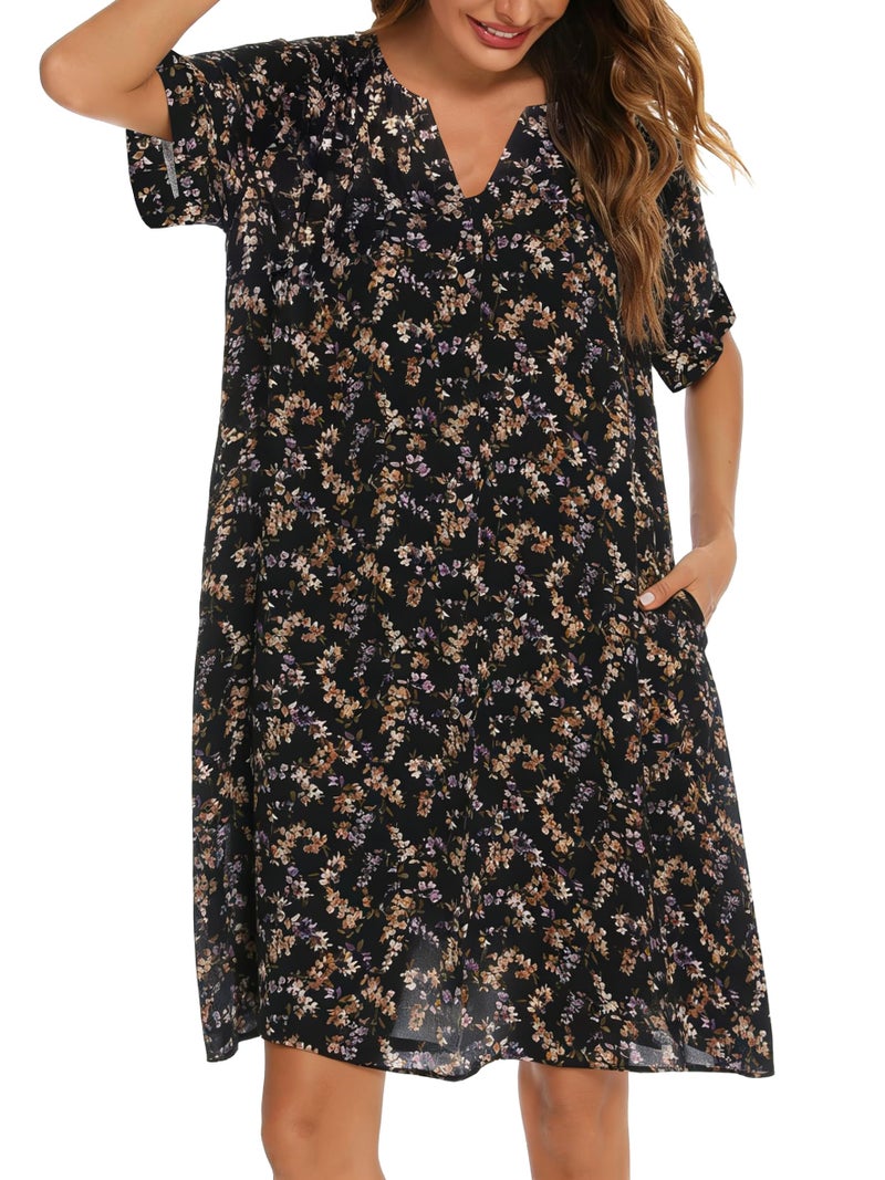 YOZLY House Dress Women Cotton Duster Robe Short Sleeve Housecoat Button Down Nightgown Purple Floral XX-Large - Image 1
