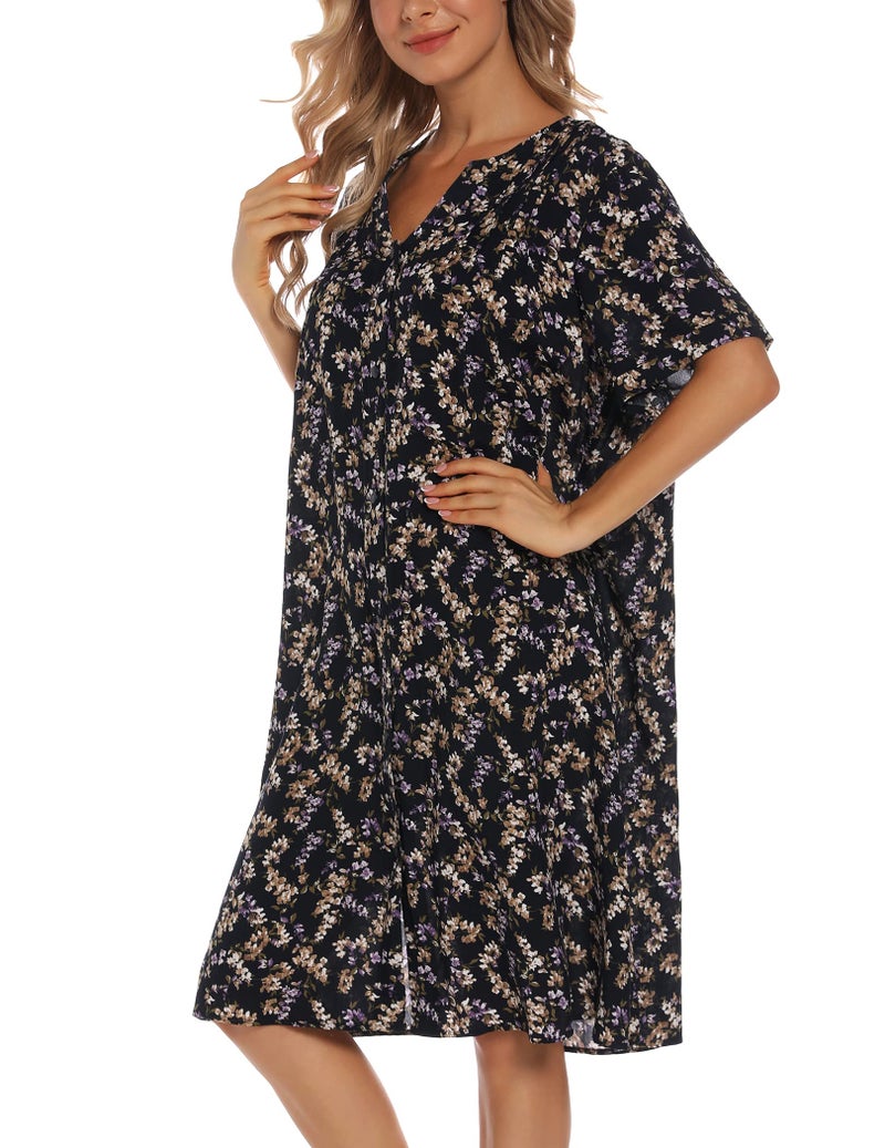 YOZLY House Dress Women Cotton Duster Robe Short Sleeve Housecoat Button Down Nightgown Purple Floral XX-Large - Image 4