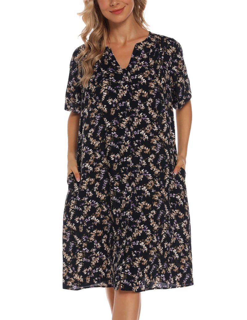 YOZLY House Dress Women Cotton Duster Robe Short Sleeve Housecoat Button Down Nightgown Purple Floral XX-Large - Image 2