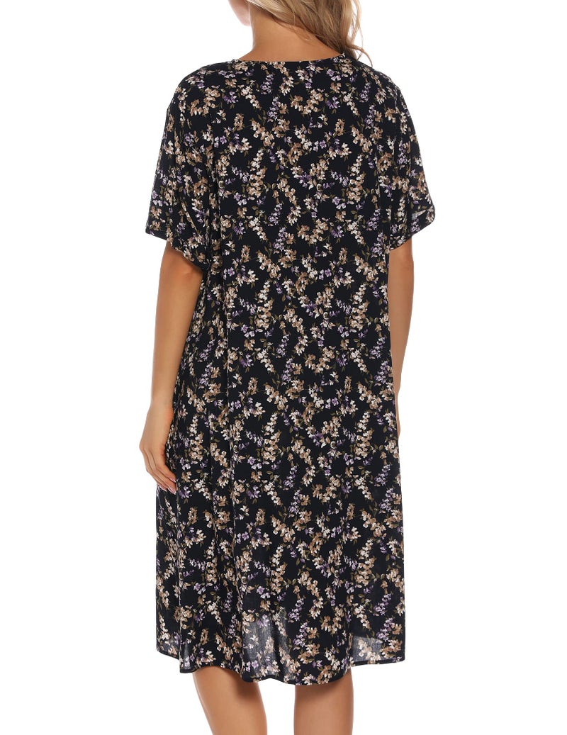 YOZLY House Dress Women Cotton Duster Robe Short Sleeve Housecoat Button Down Nightgown Purple Floral XX-Large - Image 5
