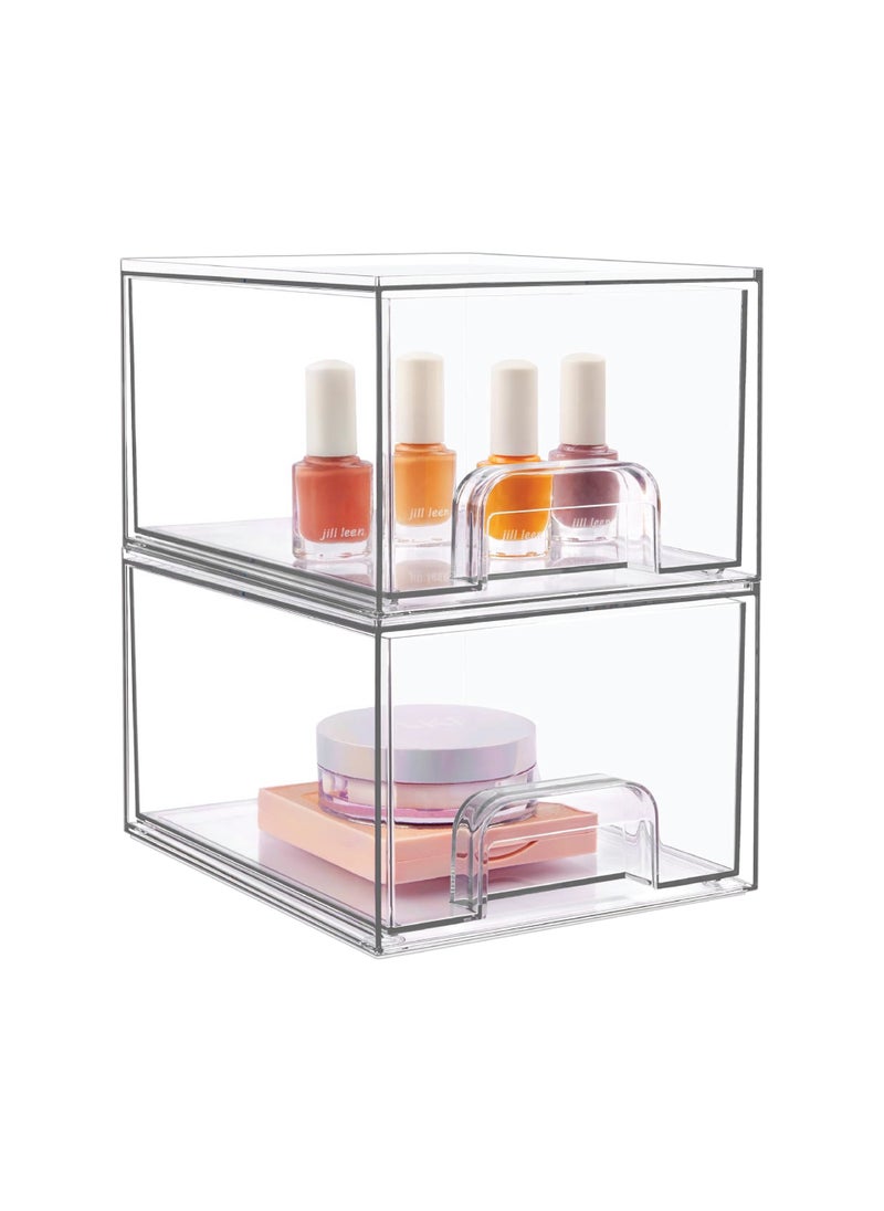 SMARTPOINTS 2 Pack Stackable Makeup Organizer Storage Drawers, 4.4 Tall Acrylic Bathroom Organizers，Clear Plastic Storage Bins For Vanity, Undersink, Kitchen Cabinets, Pantry Organization and Storage  - Image 1