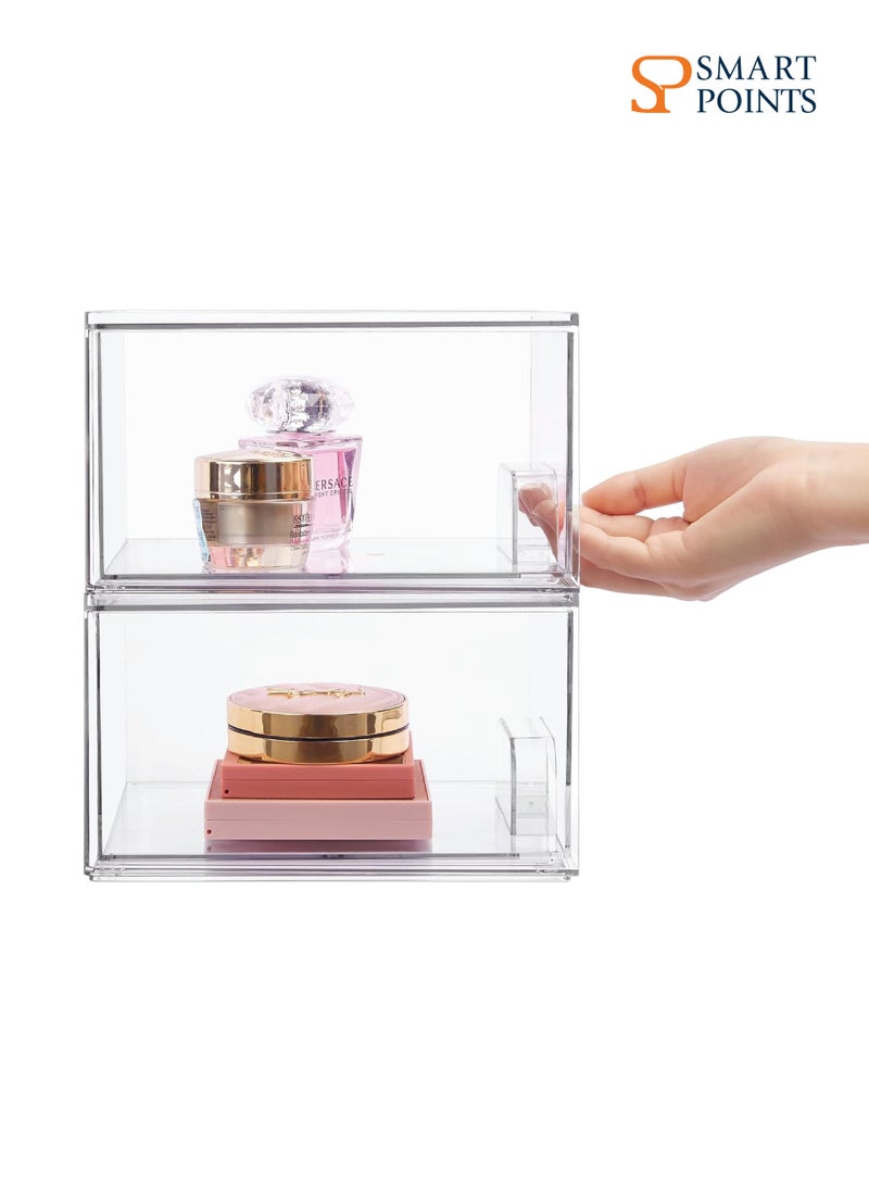 SMARTPOINTS 2 Pack Stackable Makeup Organizer Storage Drawers, 4.4 Tall Acrylic Bathroom Organizers，Clear Plastic Storage Bins For Vanity, Undersink, Kitchen Cabinets, Pantry Organization and Storage  - Image 2