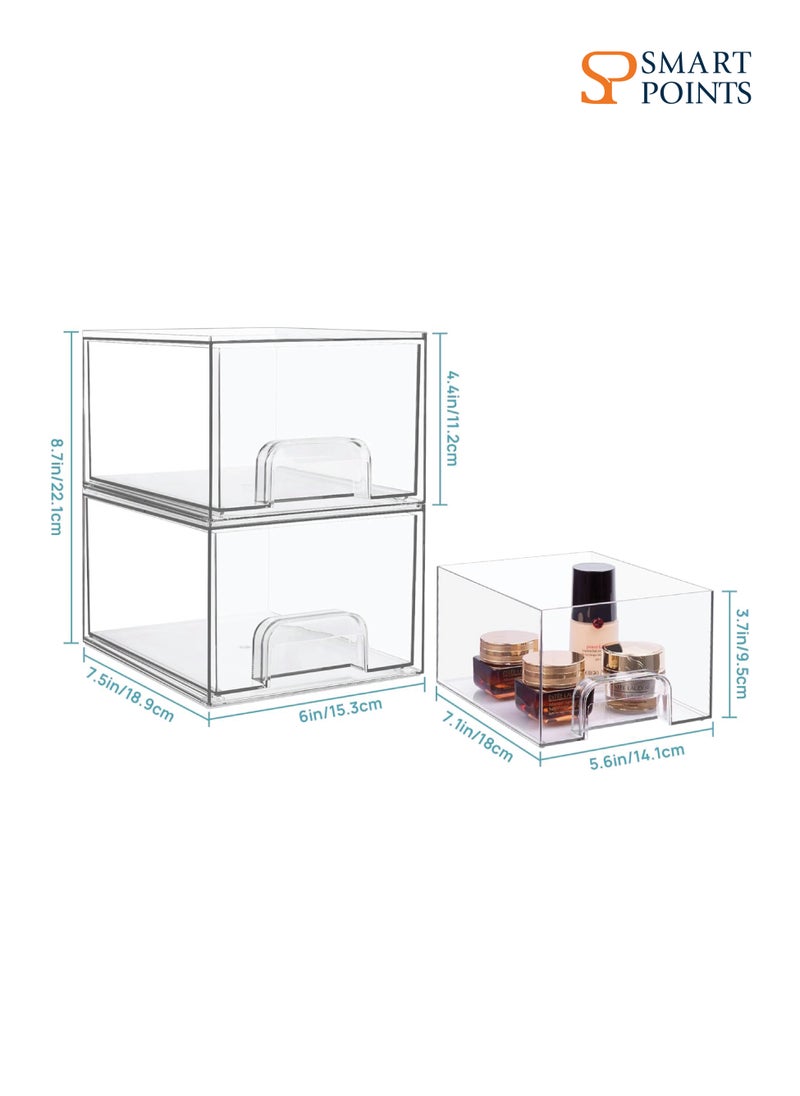 SMARTPOINTS 2 Pack Stackable Makeup Organizer Storage Drawers, 4.4 Tall Acrylic Bathroom Organizers，Clear Plastic Storage Bins For Vanity, Undersink, Kitchen Cabinets, Pantry Organization and Storage  - Image 3