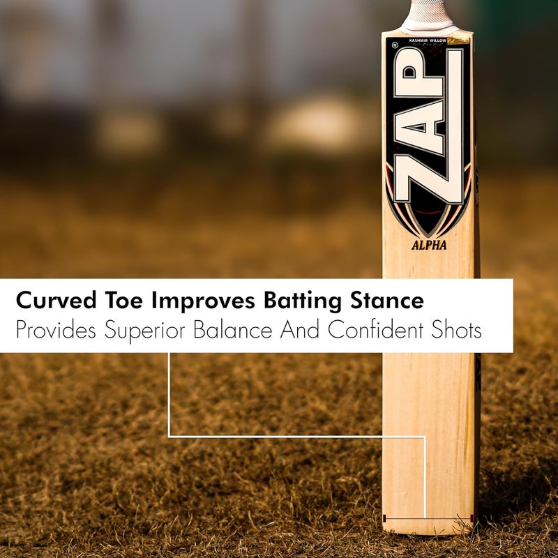 ZAP Alpha Kashmir Willow Cricket Leather Bat (Size Harrow -32.7inches) | Grade 1 Kashmir Willow | Lightweight Professional Season Bat | Singapore Cane Handle | Shock-Absorbing Handle | Free Cover - Image 3
