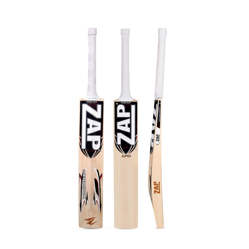 ZAP Alpha Kashmir Willow Cricket Leather Bat (Size Harrow -32.7inches) | Grade 1 Kashmir Willow | Lightweight Professional Season Bat | Singapore Cane Handle | Shock-Absorbing Handle | Free Cover - Image 1