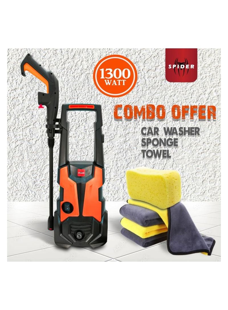 SPIDER Combo Offer 1300W  Car Washer + Microfiber Towel + Cleaning Sponge (120 Bar Electric Pressure Washer  for Home, Garden & Car KPH-2.1) - Image 1