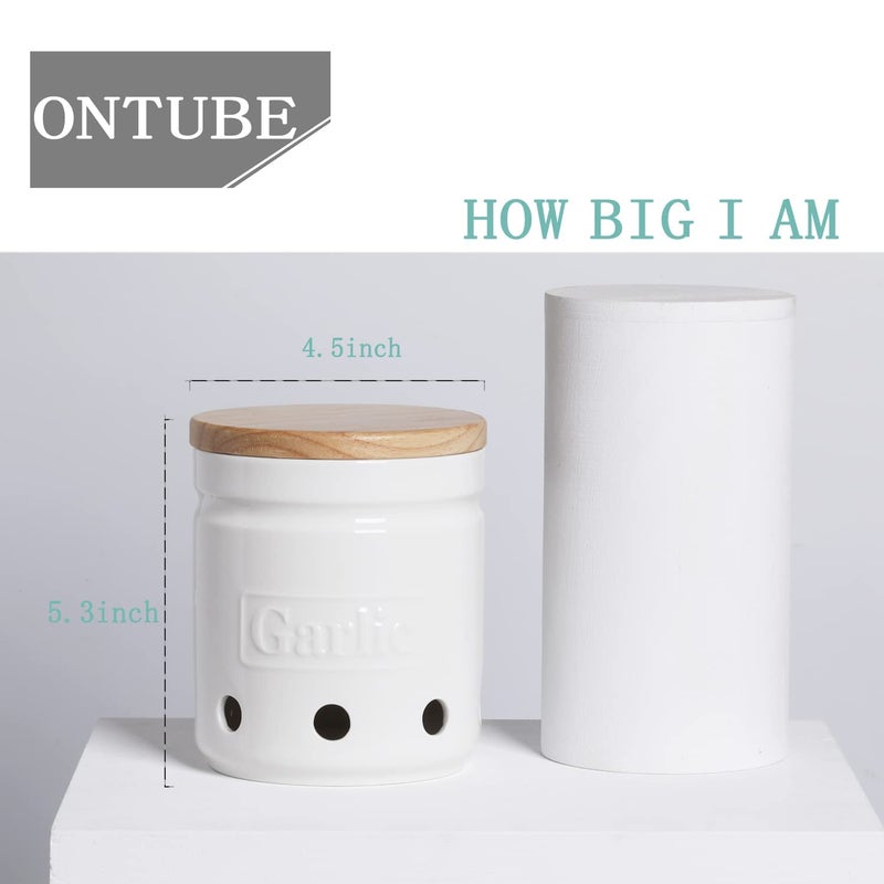 ONTUBE Large Garlic Keeper with Wooden Lid, Ceramic Garlic Holder Storage, Garlic Container for Kitchen, Garlic Saver to Keep Your Garlic Cloves Fresh Longer 4.5-Inch, White  - Image 3