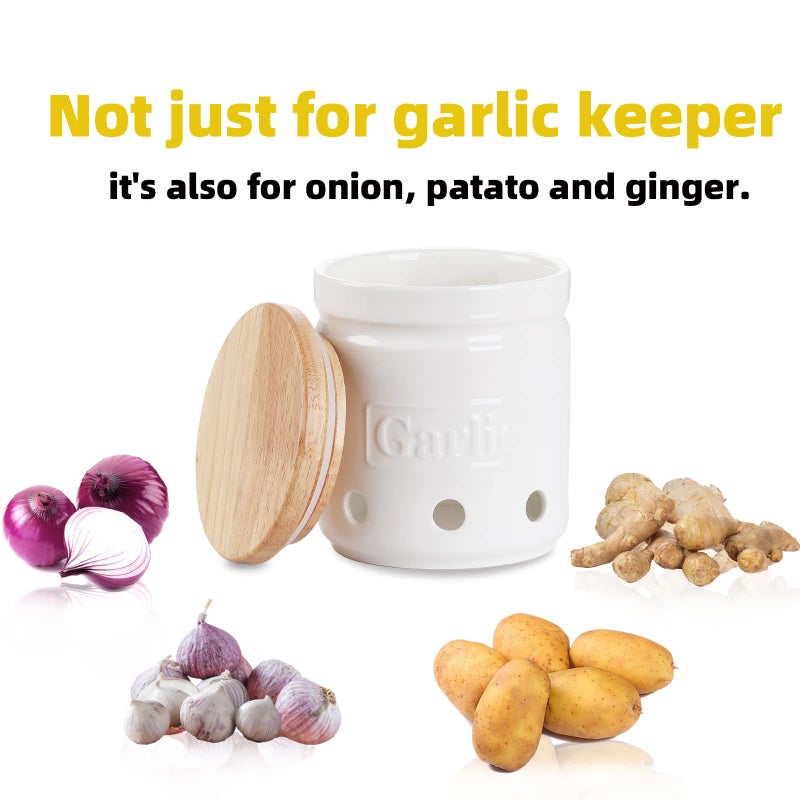ONTUBE Large Garlic Keeper with Wooden Lid, Ceramic Garlic Holder Storage, Garlic Container for Kitchen, Garlic Saver to Keep Your Garlic Cloves Fresh Longer 4.5-Inch, White  - Image 5
