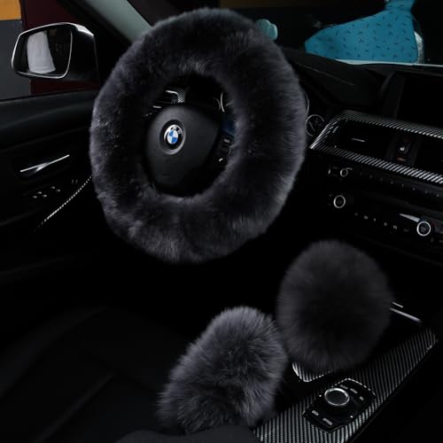 AOGELAN 3Pcs Set Fashion Fluffy Fuzzy Wool Fur Soft Steering Wheel Cover with Handbrake Cover & Gear Shift Cover for Women Girls Car Decoration Long Wool Accessories 14 1/2-15 1/2 inchs (Steel) - Image 1