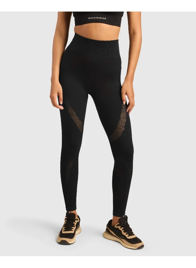 Musclemind Seamless Workout Full Length Leggings with Anti-Slip No Roll Down High Waist Band, Ribbed Panels for Glute Muscle Support, Anti-Odour, Anti-Microbial, Super Soft Breathable Mesh Fabric, All Day Comfort with Four-Way Stretch