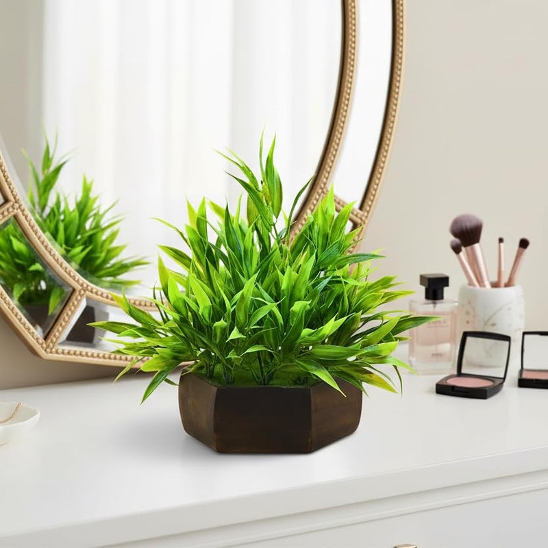 fancymart Artificial Bamboo Leaves in Wooden Hexagon 5-Inch Pot – Elegant Tabletop Plant Decoration for Living Room, Office Desk & Shelf Styling (Pack of 1) - Image 2