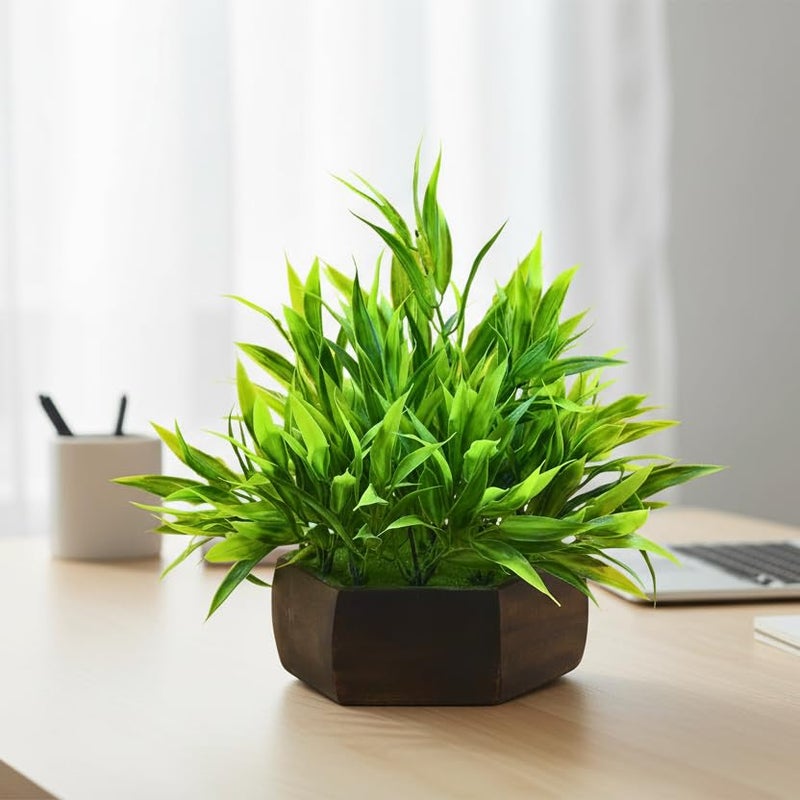 fancymart Artificial Bamboo Leaves in Wooden Hexagon 5-Inch Pot – Elegant Tabletop Plant Decoration for Living Room, Office Desk & Shelf Styling (Pack of 1) - Image 1