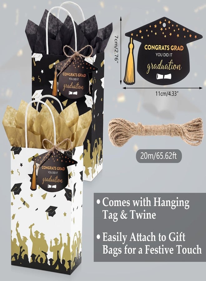 Kolldenn 48 Set Graduation Gift Bags with 48 Graduation Cap Tags and 20m Twine, Black and White Kraft Paper Grad Party Favor Bags, Congrats Grad Gift Wrapping Bag for Celebration Party Supplies - Image 3