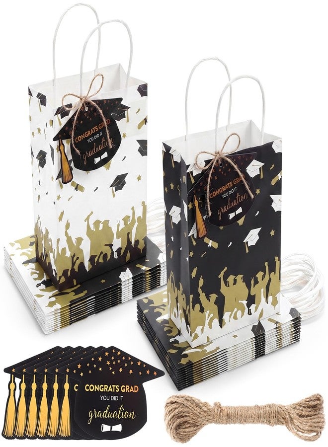 Kolldenn 48 Set Graduation Gift Bags with 48 Graduation Cap Tags and 20m Twine, Black and White Kraft Paper Grad Party Favor Bags, Congrats Grad Gift Wrapping Bag for Celebration Party Supplies - Image 1