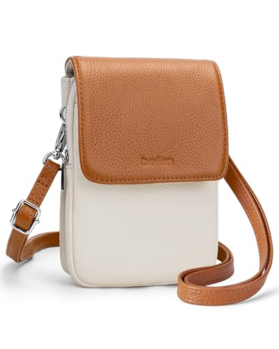 befen Genuine Leather Small Crossbody Bags for Women, Woman Cell Phone Cross body Purse Bag with RFID Blocking Card Slots Beige Brown - Image 1