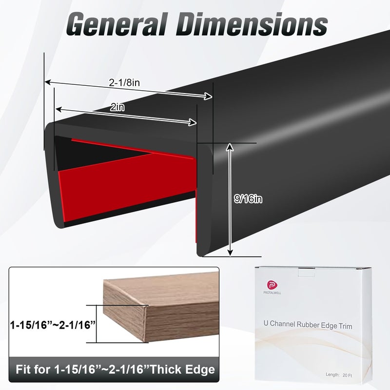 Protalwell Rubber Edge Trim, 2 Inch Wide U Channel Edge Trim, Big Size U Shaped Trim, Self Adhesive Edge Banding For Plywood, Woods, Doors, Shelf, Cabinet, Countertop, Length 20Ft, Black - Image 2