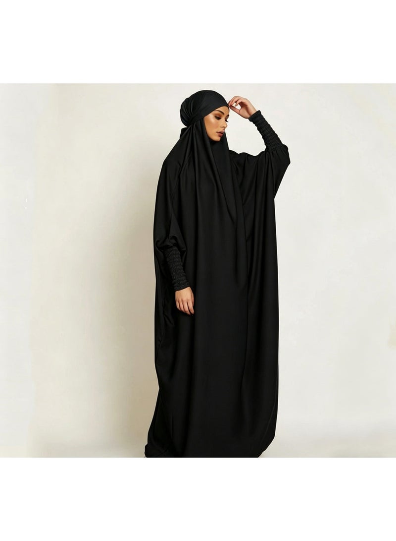 One-Piece Hooded Abaya, Full-Coverage Loose Muslim Dress, Black Modest Islamic Prayer Robe with Built-In Hijab - Image 5