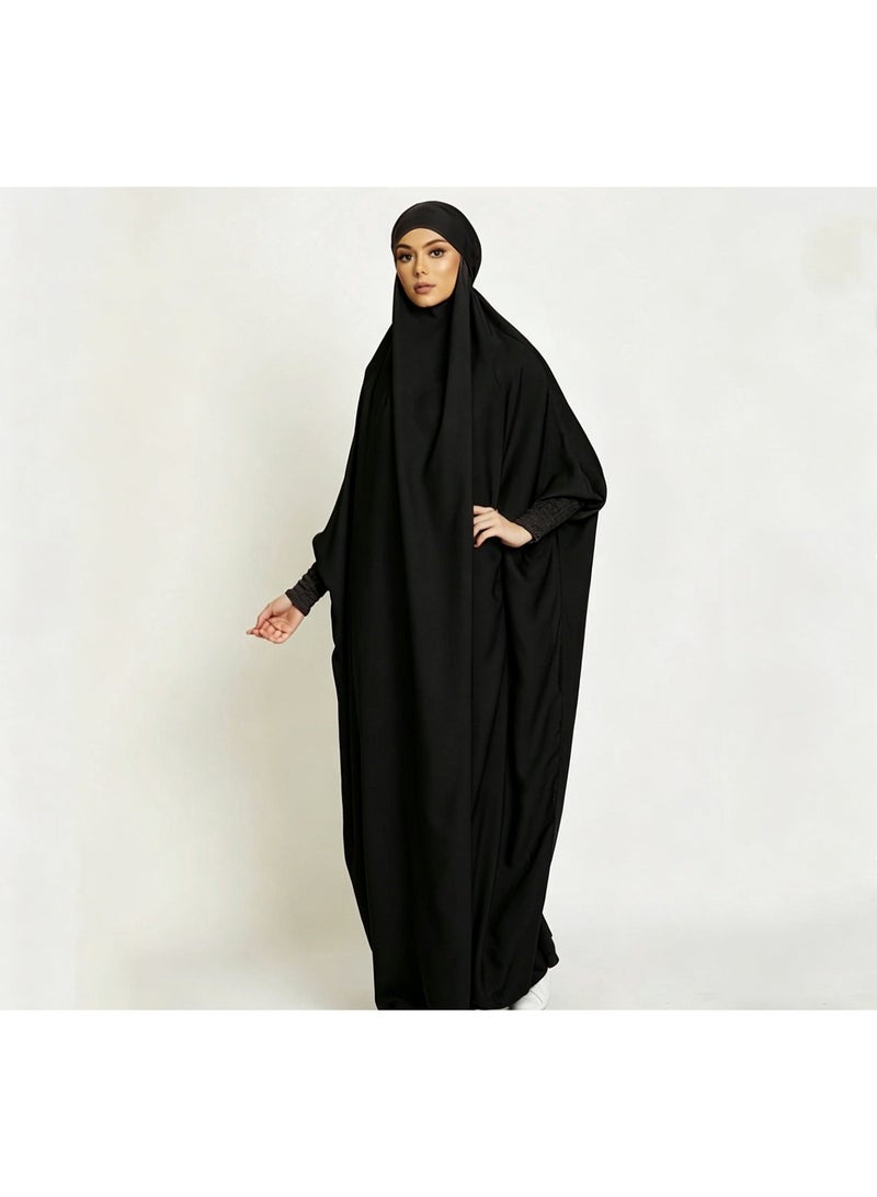 One-Piece Hooded Abaya, Full-Coverage Loose Muslim Dress, Black Modest Islamic Prayer Robe with Built-In Hijab - Image 1