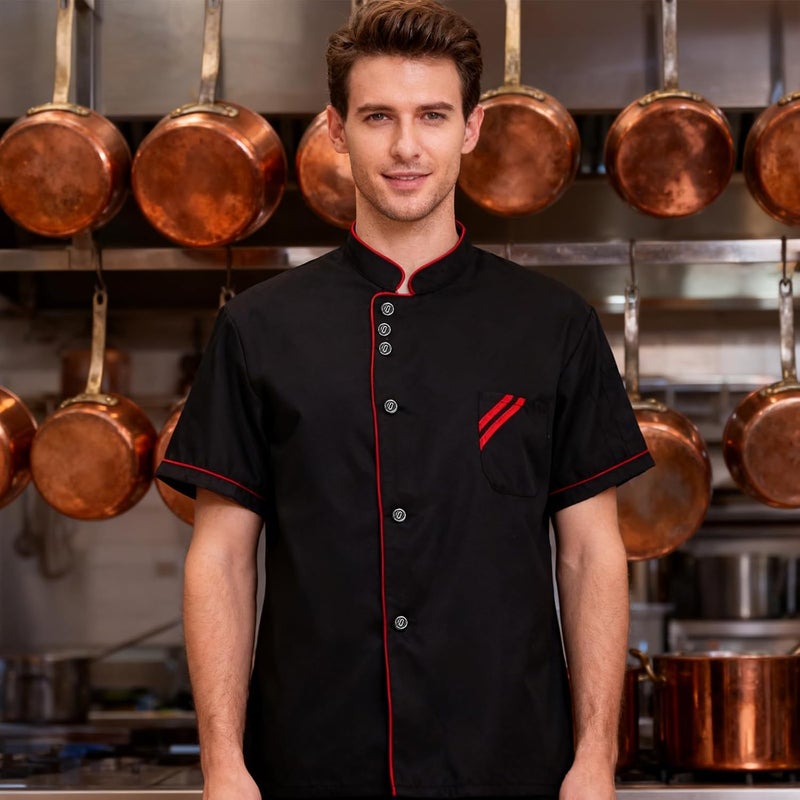 ibasenice Unisex Chef Coat: Short Sleeve Black Jacket for Kitchen Staff - Chef Working Uniform Top - Catering Workwear with Buttons for Cooking and Food Prep - Image 5