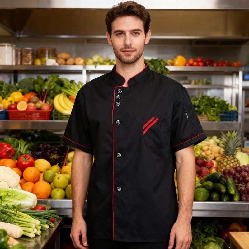 ibasenice Unisex Chef Coat: Short Sleeve Black Jacket for Kitchen Staff - Chef Working Uniform Top - Catering Workwear with Buttons for Cooking and Food Prep - Image 4
