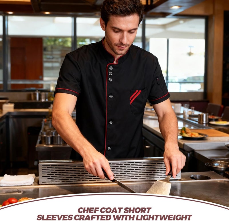 ibasenice Unisex Chef Coat: Short Sleeve Black Jacket for Kitchen Staff - Chef Working Uniform Top - Catering Workwear with Buttons for Cooking and Food Prep - Image 3