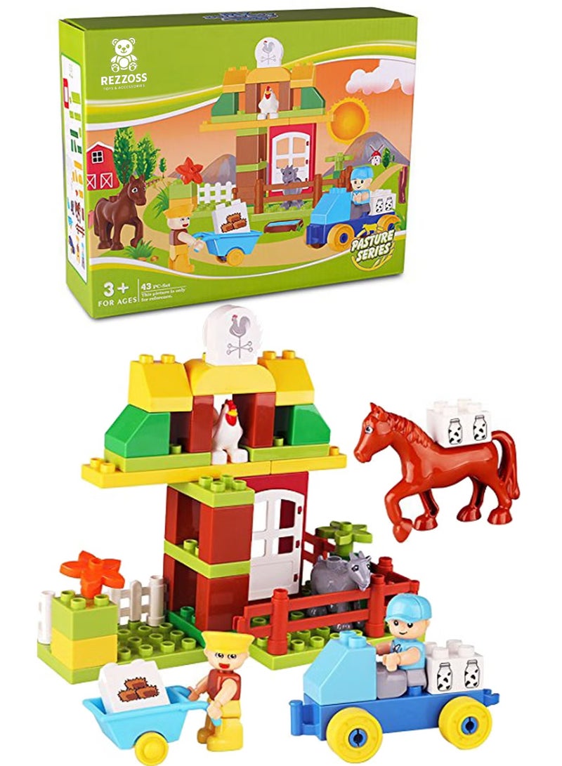 REZZOSS Kids Building Blocks Farm Set 43 Pcs – Mommies Choice Creative Construction Toy with Animals & Figures | Large Bricks Pasture Series Playset for Toddlers 3+ | Educational STEM Learning Kit | Birthday Gift for Boys & Girls - Image 1