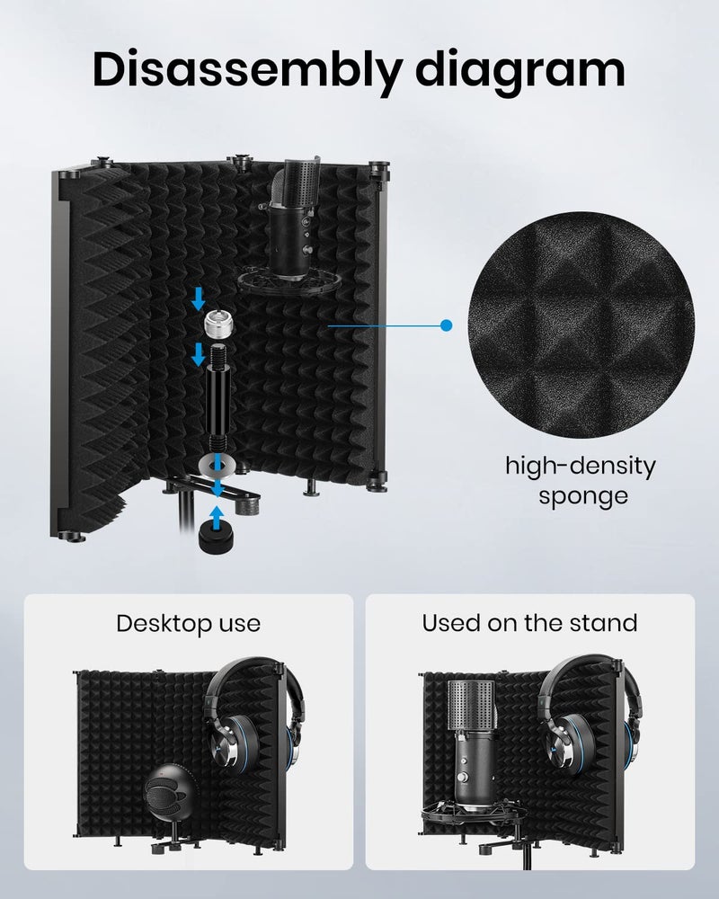 Moukey Microphone Isolation Shield, Foldable Mic Shield with Triple Sound Insulation, Reflection Filter with 3/8" and 5/8" Mic Threaded Mount for Recording Studio, Podcasts, Singing, and Broadcasting - Image 4