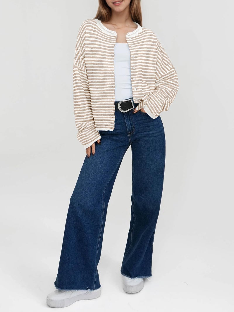 Saodimallsu Womens Striped Cardigan Casual Long Sleeve Open Front Button Down Loose Knit Lightweight Fall Sweaters Beige - Image 4