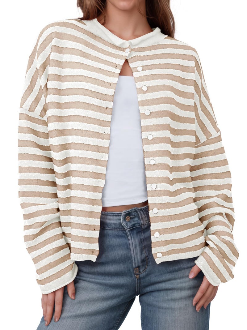 Saodimallsu Womens Striped Cardigan Casual Long Sleeve Open Front Button Down Loose Knit Lightweight Fall Sweaters Beige - Image 1