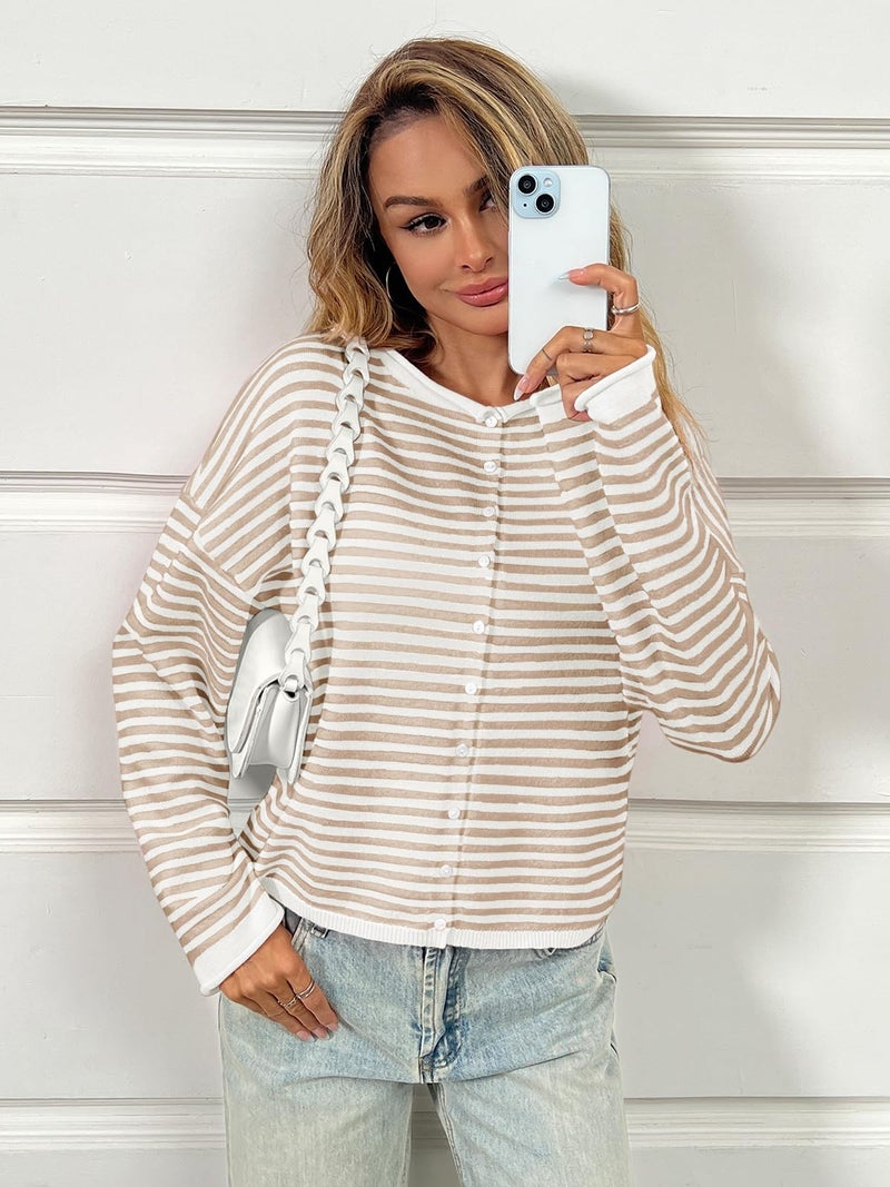 Saodimallsu Womens Striped Cardigan Casual Long Sleeve Open Front Button Down Loose Knit Lightweight Fall Sweaters Beige - Image 5