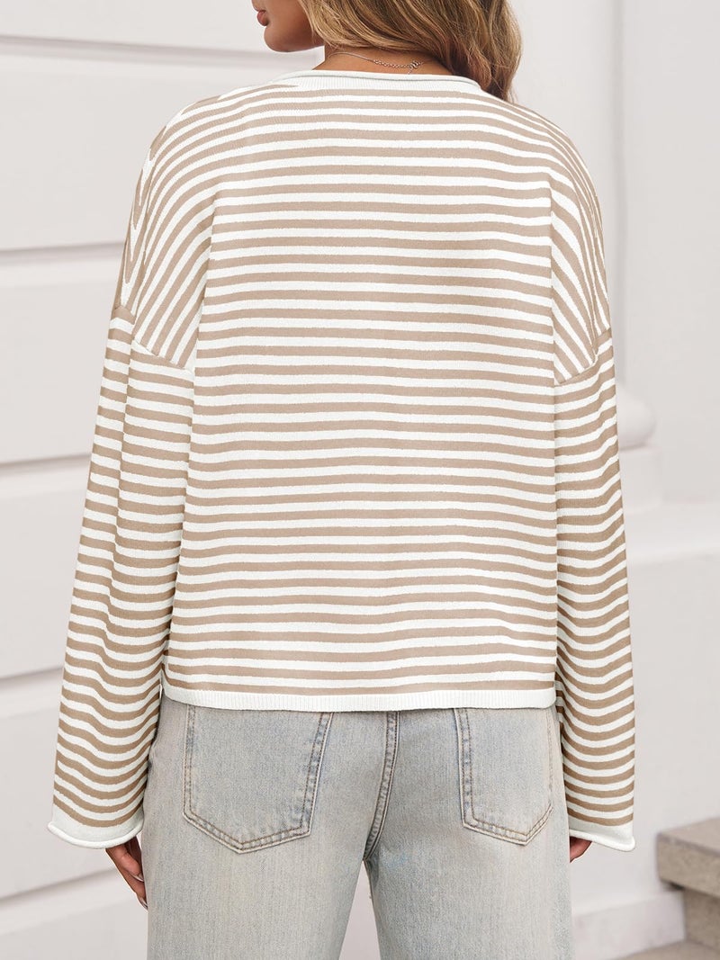 Saodimallsu Womens Striped Cardigan Casual Long Sleeve Open Front Button Down Loose Knit Lightweight Fall Sweaters Beige - Image 3