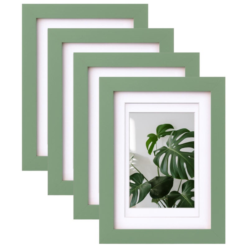 EGOFINE 5x7 Picture Frames Set of 4  Made of Solid Wood Covered by Plexiglass Matted for 4x6 and 35x5 for Table Top Display and Wall Mounting Photo Frame Green