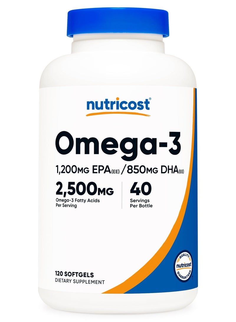 أوميجا 3 1200 ملغ EPA(EE)/850 ملغ DHA (EE)، 2500 ملغ أحماض أوميجا 3 الدهنية لكل حصة، 40 حصة لكل زجاجة، 120 كبسولة هلامية - مكمل غذائي - Image 1