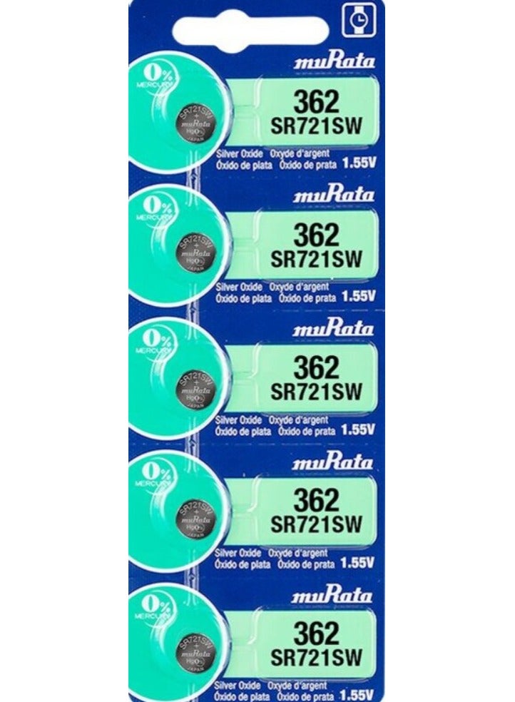 5-Pieces Murata SR721SW / 362 Silver Oxide 1.55V (muRata) Japan Batteries