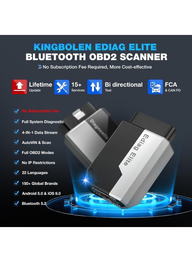 كينج بولين جهاز الفحص Ediag Elite OBD2 المزود بتقنية البلوتوث، جهاز فحص ثنائي الاتجاه، أداة تشخيص لجميع الأنظمة تعمل على أنظمة iOS وAndroid، أكثر من 15 خيارًا لإعادة الضبط السريع، بروتوكول CANFD، ميزة FCA AutoAuth، تحديثات مدى الحياة دون اشتراكات، يدعم اللغة العربية - Image 2