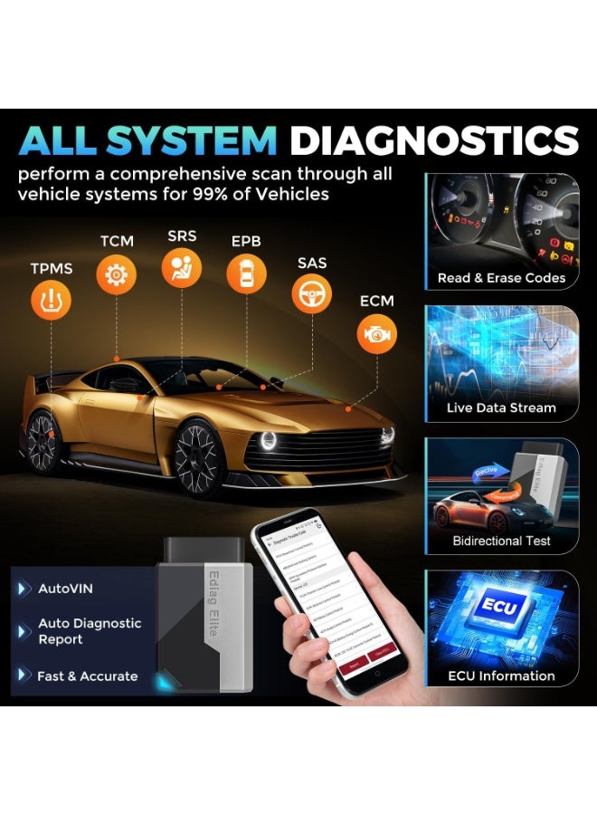 كينج بولين جهاز الفحص Ediag Elite OBD2 المزود بتقنية البلوتوث، جهاز فحص ثنائي الاتجاه، أداة تشخيص لجميع الأنظمة تعمل على أنظمة iOS وAndroid، أكثر من 15 خيارًا لإعادة الضبط السريع، بروتوكول CANFD، ميزة FCA AutoAuth، تحديثات مدى الحياة دون اشتراكات، يدعم اللغة العربية - Image 4