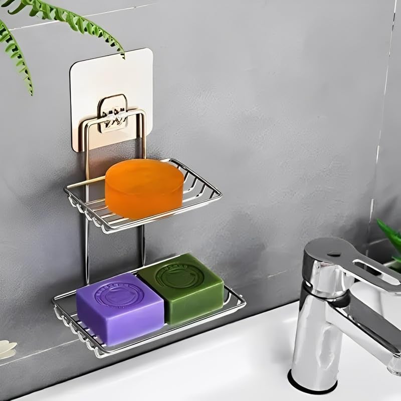 Puno 2-Layer Wall Mounted Soap Dish & Storage Rack – Rustproof Stainless Steel Bathroom Shelf with Hooks, Self Adhesive No-Drill Shower Organizer for Kitchen, Wash Basin & Toiletries (Silver) - Image 2