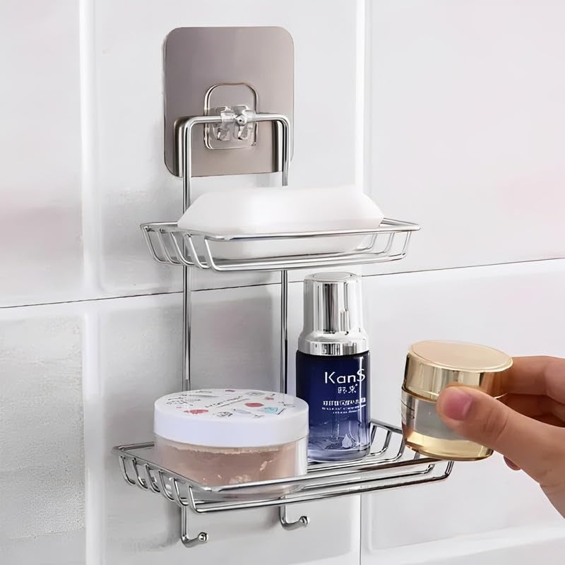 Puno 2-Layer Wall Mounted Soap Dish & Storage Rack – Rustproof Stainless Steel Bathroom Shelf with Hooks, Self Adhesive No-Drill Shower Organizer for Kitchen, Wash Basin & Toiletries (Silver) - Image 1