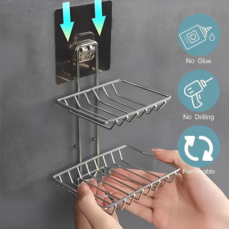 Puno 2-Layer Wall Mounted Soap Dish & Storage Rack – Rustproof Stainless Steel Bathroom Shelf with Hooks, Self Adhesive No-Drill Shower Organizer for Kitchen, Wash Basin & Toiletries (Silver) - Image 3