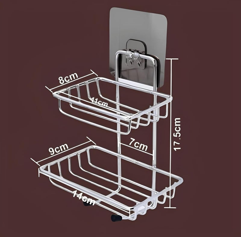 Puno 2-Layer Wall Mounted Soap Dish & Storage Rack – Rustproof Stainless Steel Bathroom Shelf with Hooks, Self Adhesive No-Drill Shower Organizer for Kitchen, Wash Basin & Toiletries (Silver) - Image 5
