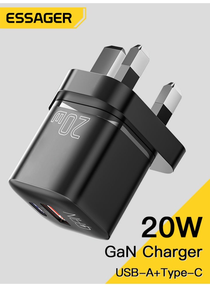 ESSAGER 20W GaN USB C Charger UK Plug, Dual Port Fast Wall Adapter for iPhone 14/13/12, Samsung, Huawei, Tablet (Black) - Image 1