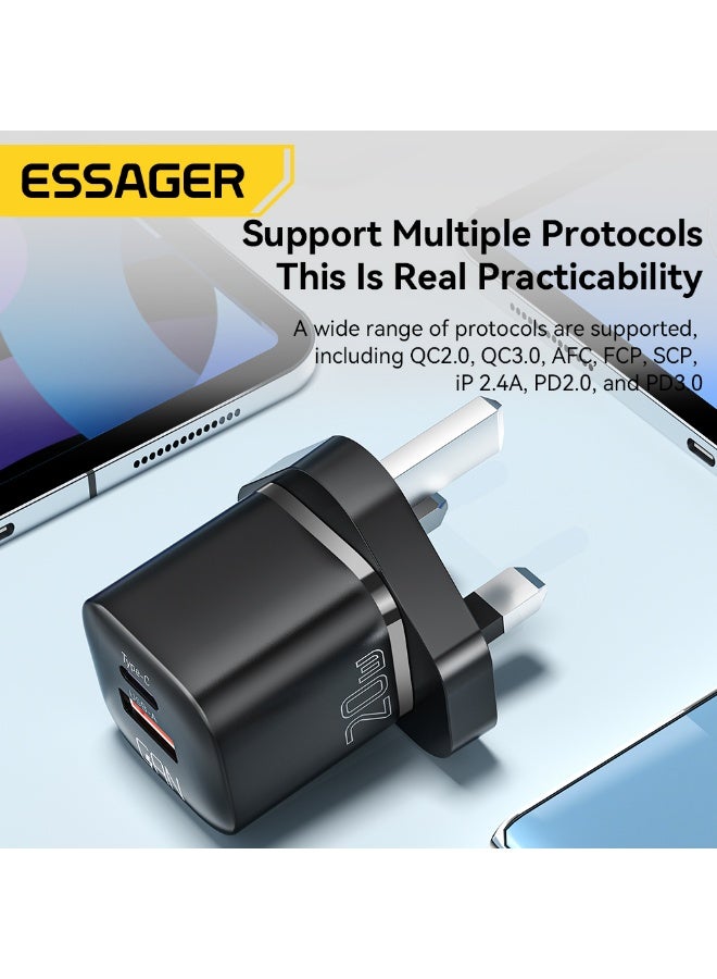 ESSAGER 20W GaN USB C Charger UK Plug, Dual Port Fast Wall Adapter for iPhone 14/13/12, Samsung, Huawei, Tablet (Black) - Image 2