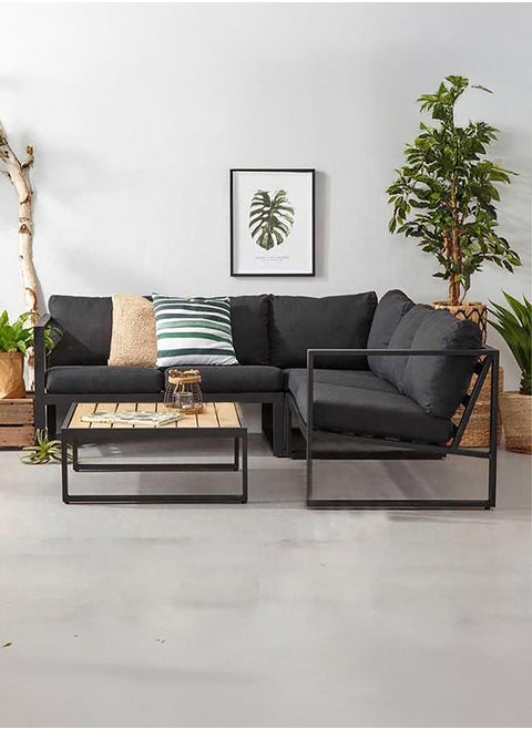 Corner sofa set and a table - Upholstered in linen - 2 pieces - Black