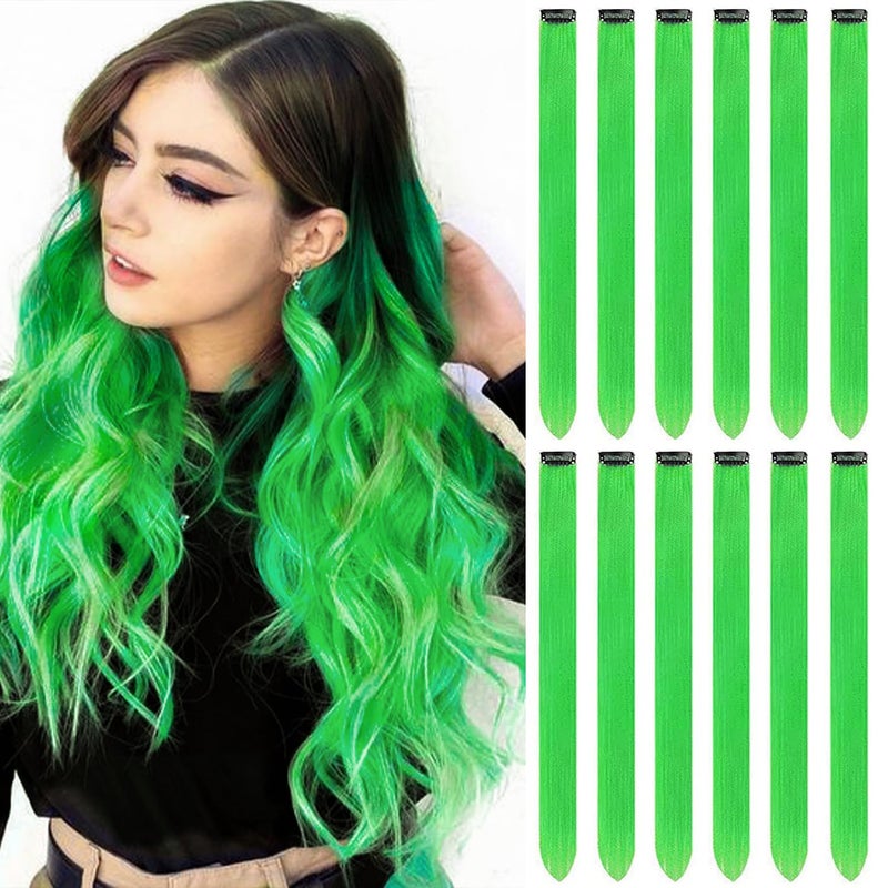 GPOVVIMX 12 PCS Green Hair Extensions Clip in Colored Party Highlights Extension for Kids Girls Synthetic Hairpiece Straight 22 inch