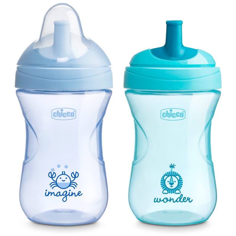 Chicco Sport Spout Trainer with Semi-Firm, Bite-Resistant Spout and Spill-Free Lid 9oz. | Top-Rack Dishwasher Safe | Easy to Hold with Ergonomic Indents | Pale Blue/Teal, 2pk| 9+ months - Image 1