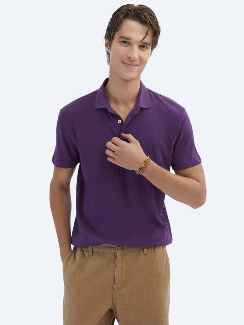 كيب تيشيرت قطني سادة بلون بنفسجي بياقة بولو - Image 3